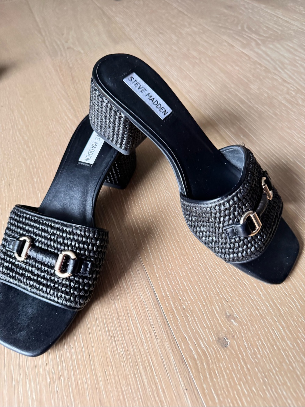 Steve Madden Black Woven Block Heel Mules with Gold Accents